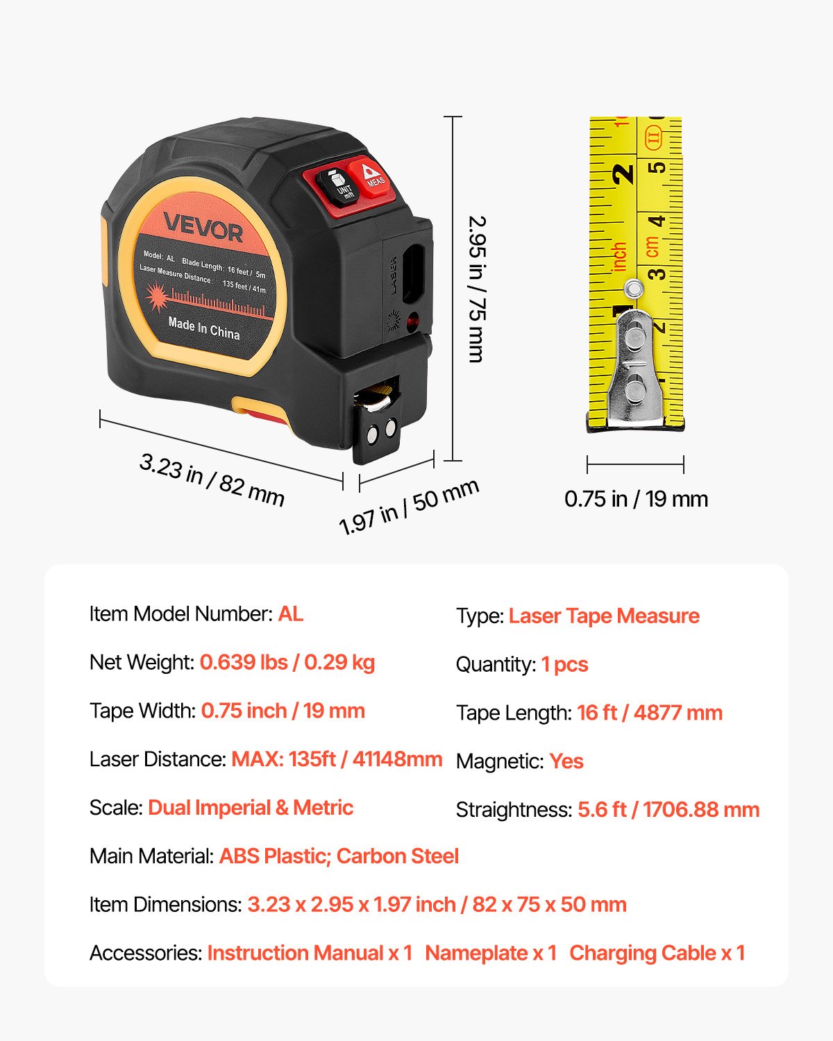 2-i-1 lasermåttband, 41 m uppladdningsbart lasermätverktyg och 4,8 m måttband med magnet, 4 lägen - längd, area, volym, kontinuerlig, ft/in/m/ft+in-enhet, för utomhusbruk, dekoration