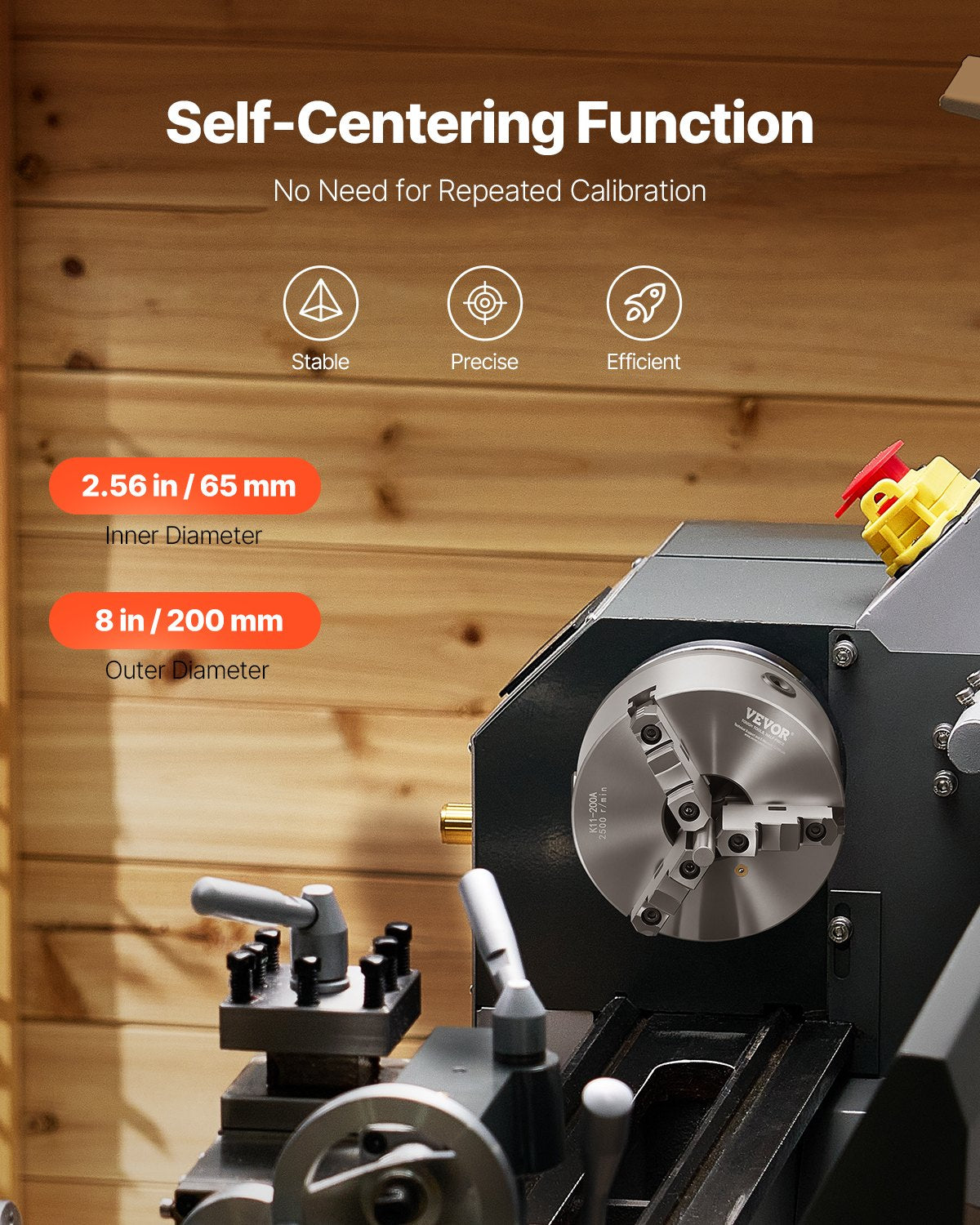 3-käfts svarvchuck, 8 tum (200 mm), självcentrerande chuck med 2 1/4 tum-8 gängad stödplatta, 0,16-7,87 tum (4-200 mm) spännområde med T-nyckelskruvar, HT300-material, för trä- och metallsvarv
