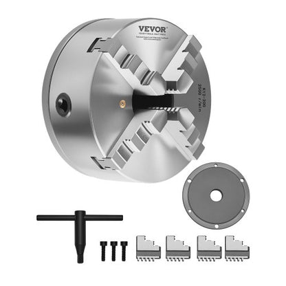 4-käfts svarvchuck, 8 tum (200 mm), självcentrerande chuck med 1 1/2 tum-8 gängad stödplatta, 0,16-7,87 tum (4-200 mm) spännområde med T-nyckelskruvar, HT300-material, för trä- och metallsvarv