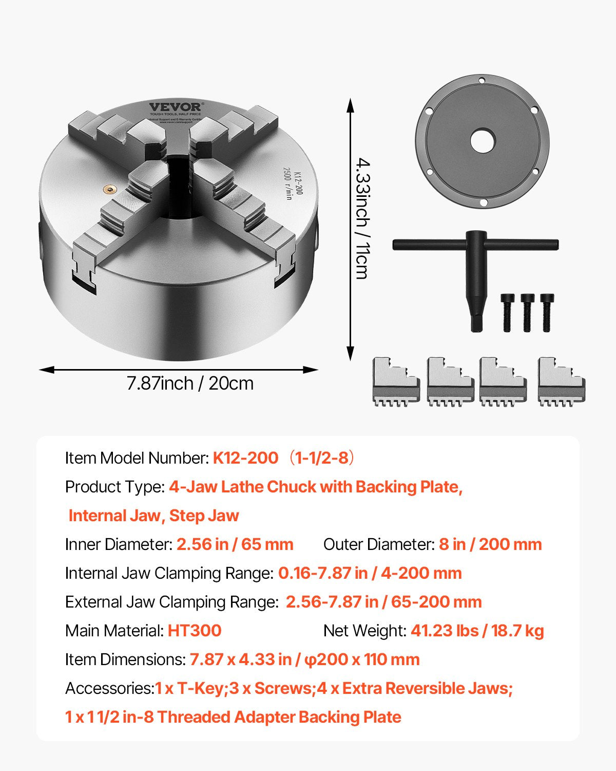 4-käfts svarvchuck, 8 tum (200 mm), självcentrerande chuck med 1 1/2 tum-8 gängad stödplatta, 0,16-7,87 tum (4-200 mm) spännområde med T-nyckelskruvar, HT300-material, för trä- och metallsvarv