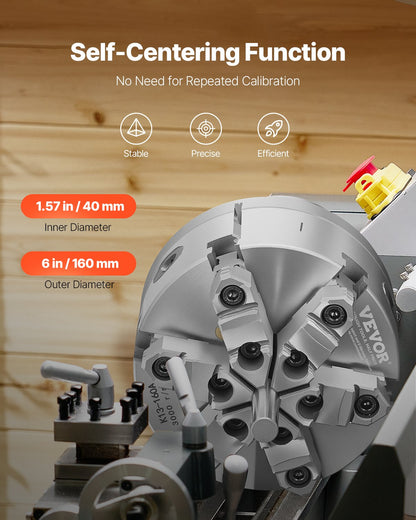6-käftad svarvchuck, 6 tum (160 mm), självcentrerande chuck med D1-4 kamlåsplatta, 0,12-5,71 tum (3-145 mm) spännområde med T-nyckelskruvar, HT300-material, för trä- och metallsvarv