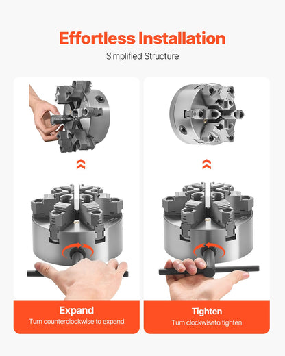 6-käftad svarvchuck, 6 tum (160 mm), självcentrerande chuck med D1-4 kamlåsplatta, 0,12-5,71 tum (3-145 mm) spännområde med T-nyckelskruvar, HT300-material, för trä- och metallsvarv