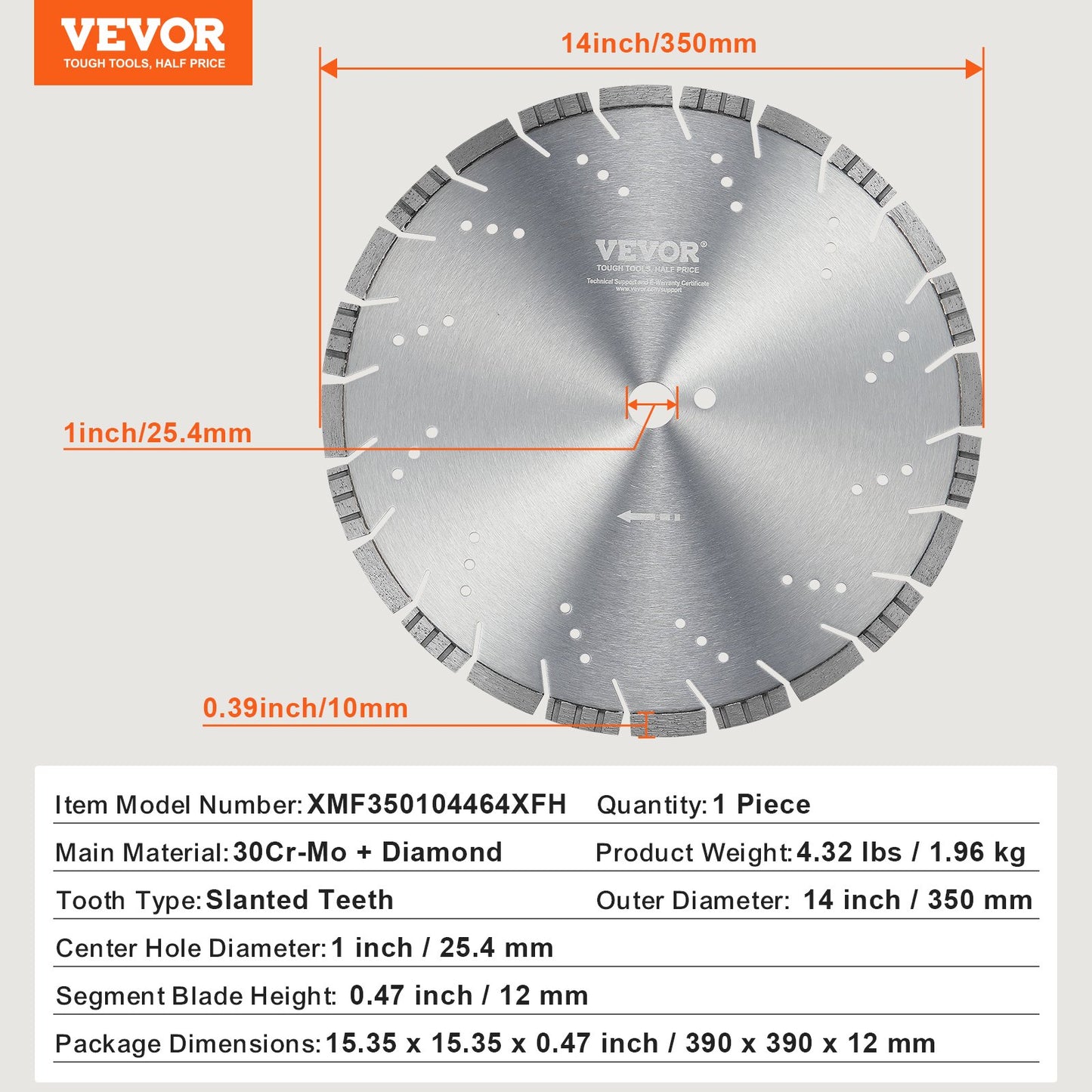 Diamantklinga, 14 tum/350 mm betongsågklinga för vått eller torrt sågblad, 0,39 tum/10 mm sneda tänder diamantsegmentklinga, universal 1 tum/25,4 mm centrumhålsdiameter, för betong, cementskiva, kakel, tegel
