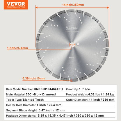 Diamantklinga, 14 tum/350 mm betongsågklinga för vått eller torrt sågblad, 0,39 tum/10 mm sneda tänder diamantsegmentklinga, universal 1 tum/25,4 mm centrumhålsdiameter, för betong, cementskiva, kakel, tegel