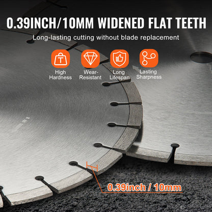 Diamantklinga, 14 tum/350 mm betongsågklinga för vått eller torrt bruk, 0,39 tum/10 mm diamantsegmentklinga med platt tänder, universal 1 tum/25,4 mm centrumhålsdiameter, för betong, cementskiva, kakel, tegel