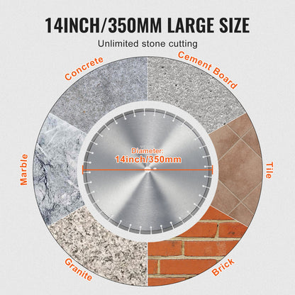 Diamantklinga, 14 tum/350 mm betongsågklinga för vått eller torrt bruk, 0,39 tum/10 mm diamantsegmentklinga med platt tänder, universal 1 tum/25,4 mm centrumhålsdiameter, för betong, cementskiva, kakel, tegel