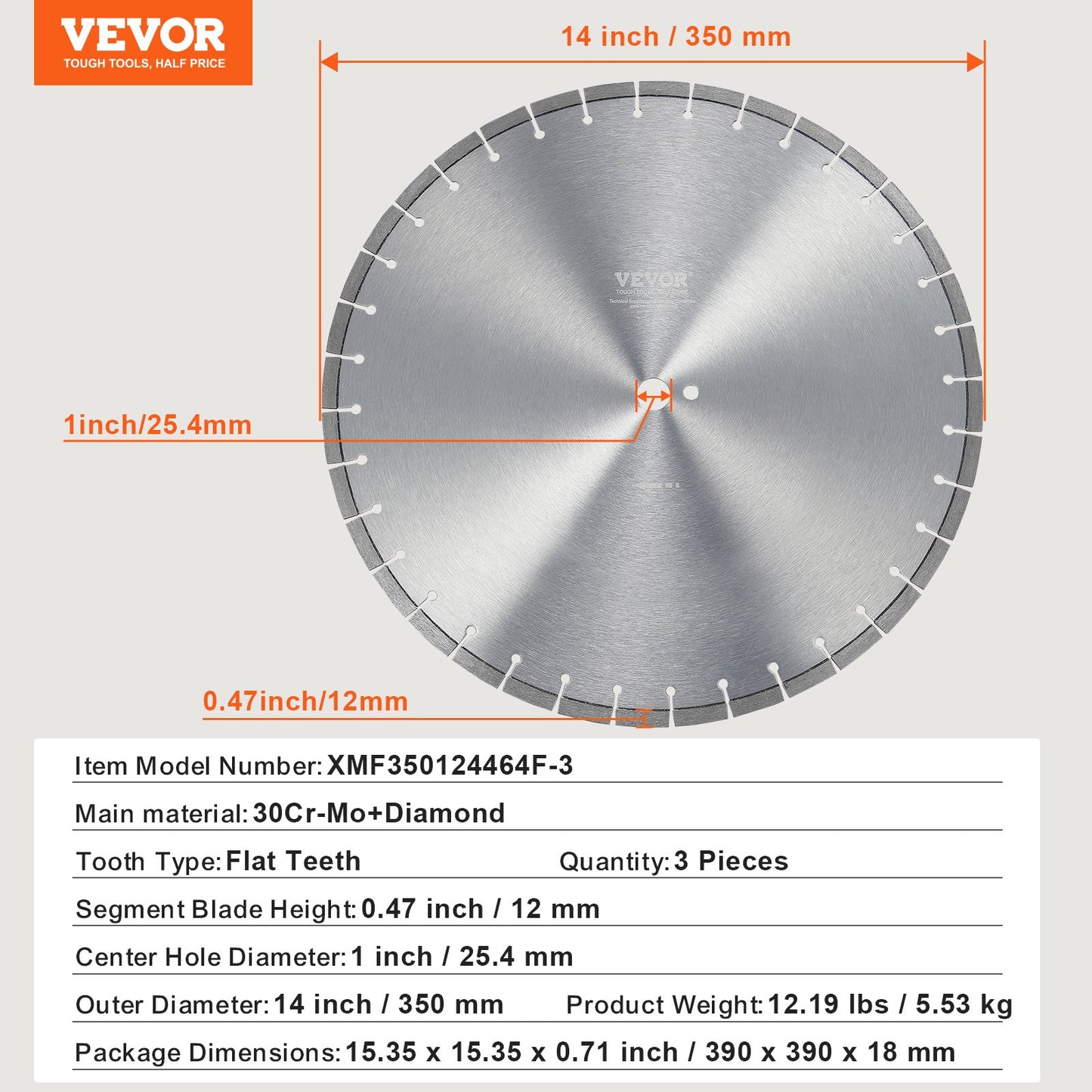 3 st diamantklingor, 14 tum/350 mm betongsågklinga för vått eller torrt bruk, 0,47 tum/12 mm diamantsegmentklinga med platt tänder, universal 1 tum/25,4 mm centrumhålsdiameter, för betong och cementplattor