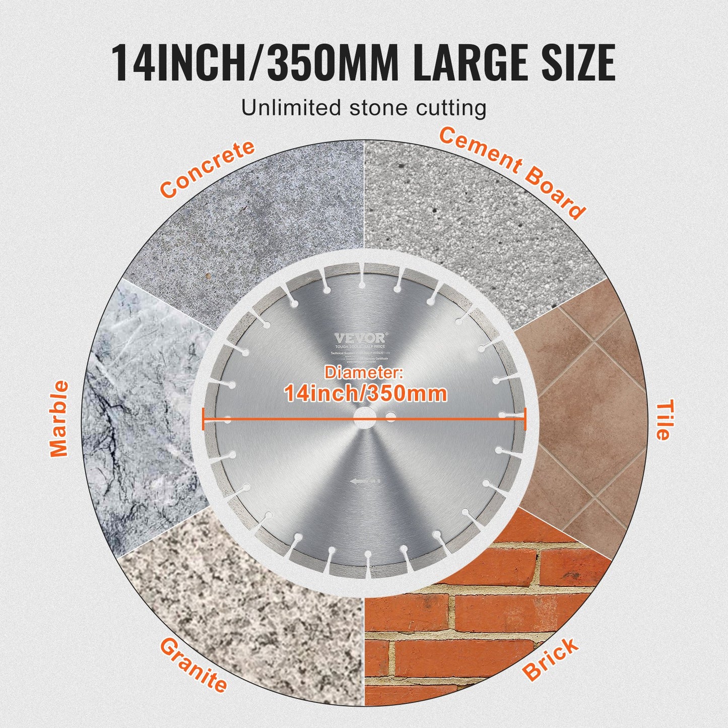 Diamantklinga, 14 tum/350 mm betongsågklinga för vått eller torrt bruk, 0,47 tum/12 mm diamantsegmentklinga med platt tänder, universal 1 tum/25,4 mm centrumhålsdiameter, för betong, cementskiva, kakel, tegel
