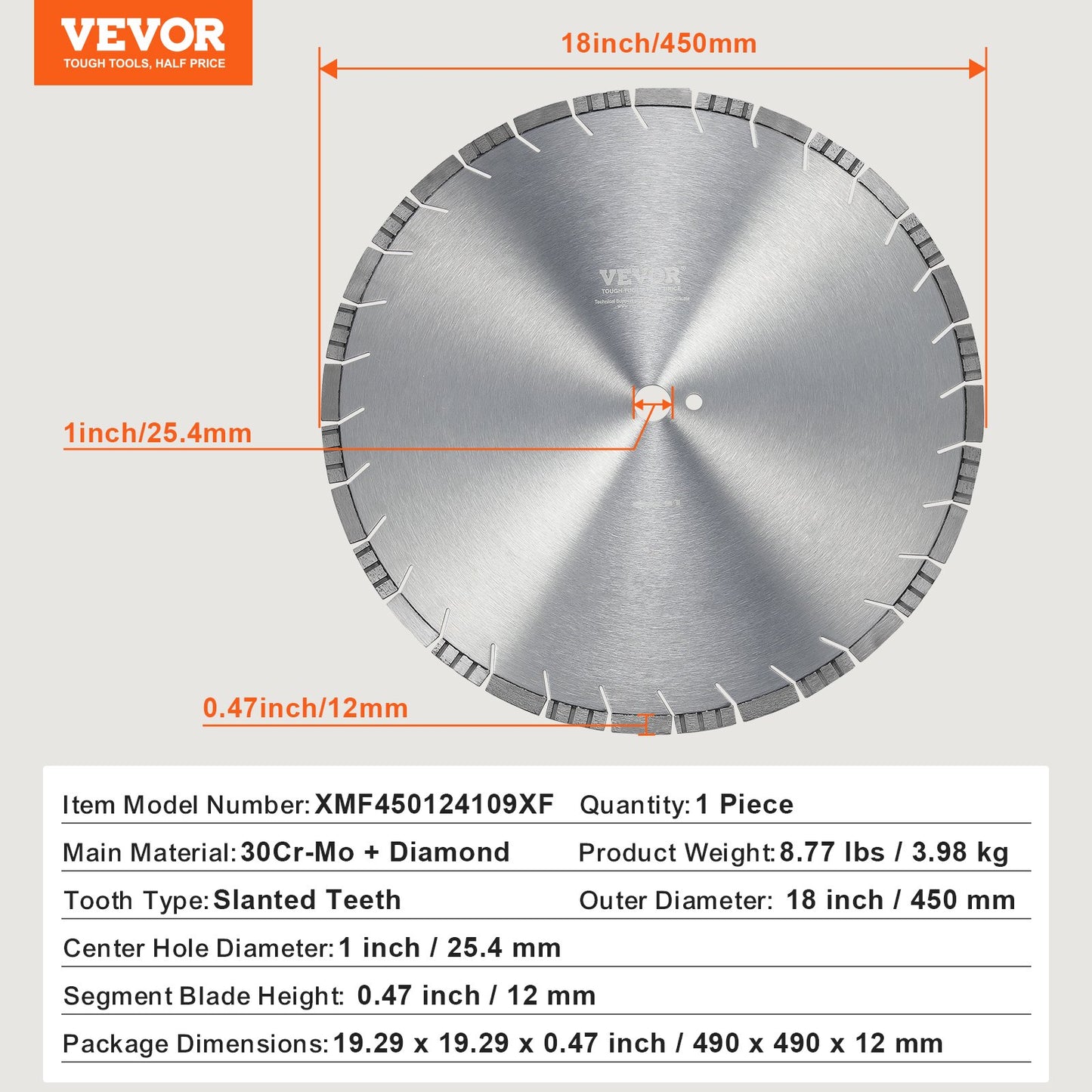 Diamond Blade, 18inch/450mm Concrete Saw Blade Wet or Dry, 0.47inch/12mm Slanted Teeth Diamond Segment Blade, Universal 1 inch/25.4 mm Center Hole Diameter, for Concrete Cement Board Tile Brick