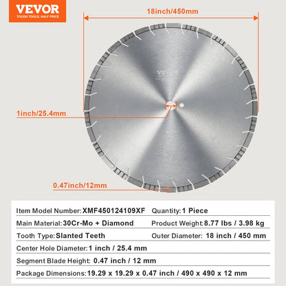 Diamond Blade, 18inch/450mm Concrete Saw Blade Wet or Dry, 0.47inch/12mm Slanted Teeth Diamond Segment Blade, Universal 1 inch/25.4 mm Center Hole Diameter, for Concrete Cement Board Tile Brick