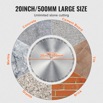 Diamantklinga, 20 tum/500 mm betongsågklinga för vått eller torrt sågblad, 0,47 tum/12 mm sneda tänder diamantsegmentklinga, universal 1 tum/25,4 mm centrumhålsdiameter, för betong, cementskiva, kakel, tegel
