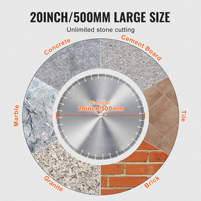 Diamantklinga, 20 tum/500 mm betongsågklinga för vått eller torrt bruk, 0,47 tum/12 mm diamantsegmentklinga med platt tänder, universal 1 tum/25,4 mm centrumhålsdiameter, för betong, cementskiva, kakel, tegel