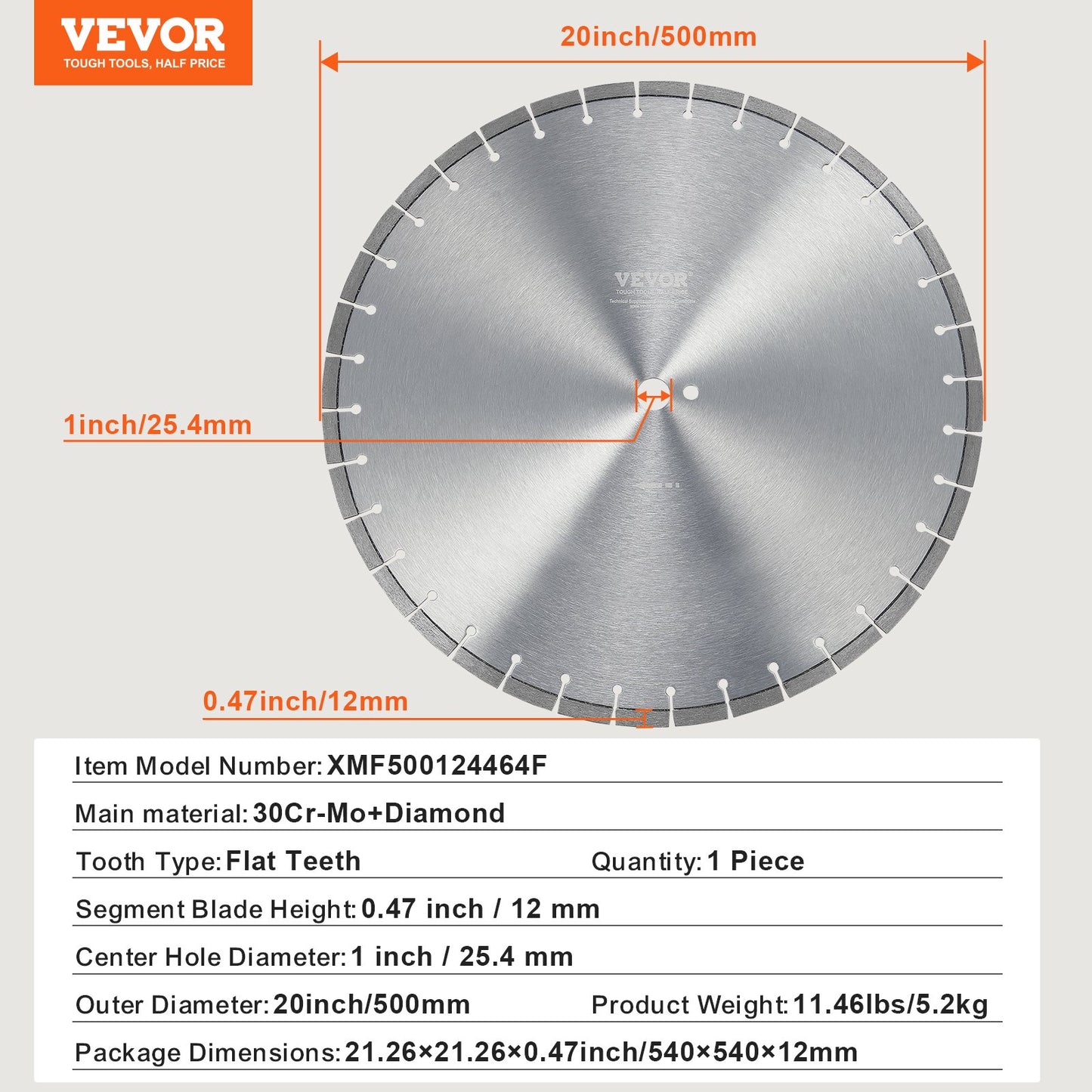Diamantklinga, 20 tum/500 mm betongsågklinga för vått eller torrt bruk, 0,47 tum/12 mm diamantsegmentklinga med platt tänder, universal 1 tum/25,4 mm centrumhålsdiameter, för betong, cementskiva, kakel, tegel