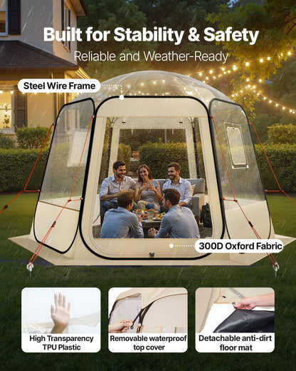 Pop-up bubbeltält, 3,05 x 2,75 m vattentätt och UV-resistent, genomskinligt campingtältskydd, utomhusträdgårdskupoltält med fönster, 540° panoramautsikt, för 4-8 personer uteplats bakgård