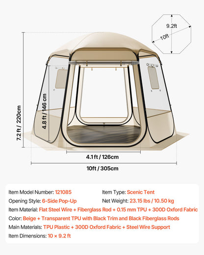 Pop-up bubbeltält, 3,05 x 2,75 m vattentätt och UV-resistent, genomskinligt campingtältskydd, utomhusträdgårdskupoltält med fönster, 540° panoramautsikt, för 4-8 personer uteplats bakgård