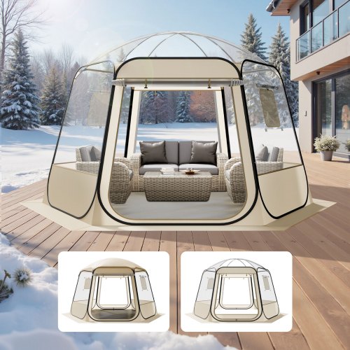 Pop-up bubbeltält, 3,36 x 3,05 m vattentätt och UV-resistent, genomskinligt campingtältskydd, utomhusträdgårdskupoltält med fönster, 540° panoramautsikt, för 8-10 personer uteplats bakgård