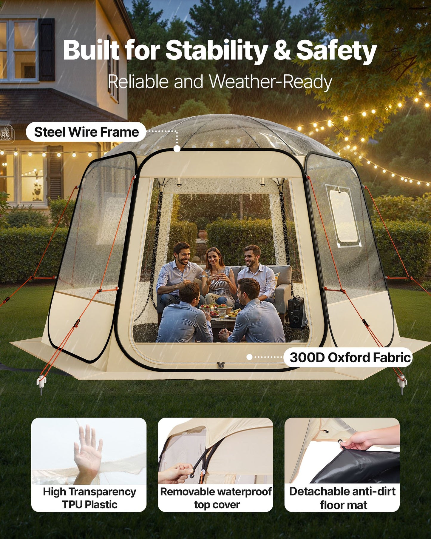 Pop-up bubbeltält, 3,36 x 3,05 m vattentätt och UV-resistent, genomskinligt campingtältskydd, utomhusträdgårdskupoltält med fönster, 540° panoramautsikt, för 8-10 personer uteplats bakgård