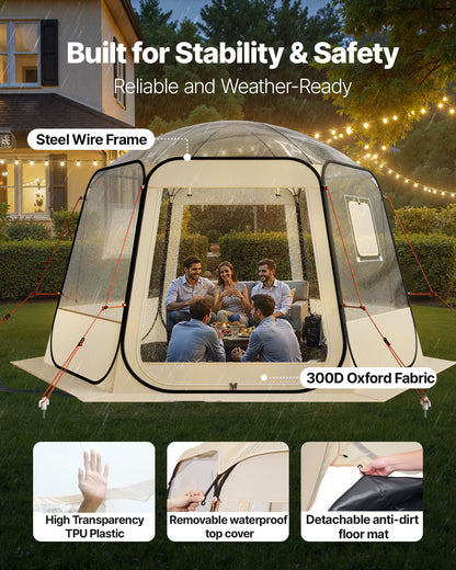 Pop-up bubbeltält, 3,36 x 3,05 m vattentätt och UV-resistent, genomskinligt campingtältskydd, utomhusträdgårdskupoltält med fönster, 540° panoramautsikt, för 8-10 personer uteplats bakgård