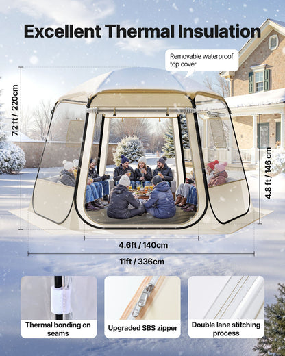 Pop-up bubbeltält, 3,36 x 3,05 m vattentätt och UV-resistent, genomskinligt campingtältskydd, utomhusträdgårdskupoltält med fönster, 540° panoramautsikt, för 8-10 personer uteplats bakgård