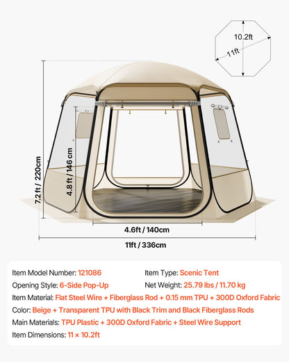Pop-up bubbeltält, 3,36 x 3,05 m vattentätt och UV-resistent, genomskinligt campingtältskydd, utomhusträdgårdskupoltält med fönster, 540° panoramautsikt, för 8-10 personer uteplats bakgård