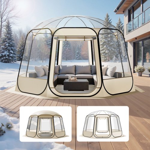 Pop-up bubbeltält, 3,36 x 3,45 m vattentätt och UV-resistent, genomskinligt campingtältskydd, utomhusträdgårdskupoltält med fönster, 540° panoramautsikt, för 10-12 personer uteplats bakgård