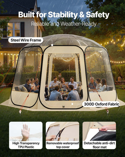 Pop-up bubbeltält, 3,36 x 3,45 m vattentätt och UV-resistent, genomskinligt campingtältskydd, utomhusträdgårdskupoltält med fönster, 540° panoramautsikt, för 10-12 personer uteplats bakgård