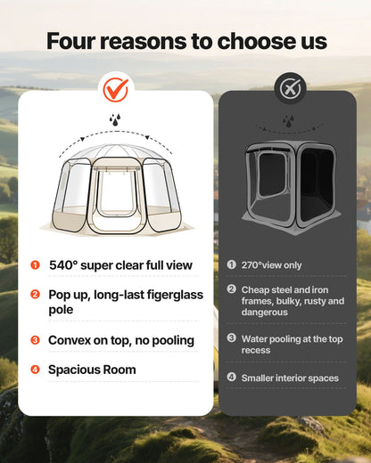 Pop-up bubbeltält, 3,36 x 3,45 m vattentätt och UV-resistent, genomskinligt campingtältskydd, utomhusträdgårdskupoltält med fönster, 540° panoramautsikt, för 10-12 personer uteplats bakgård