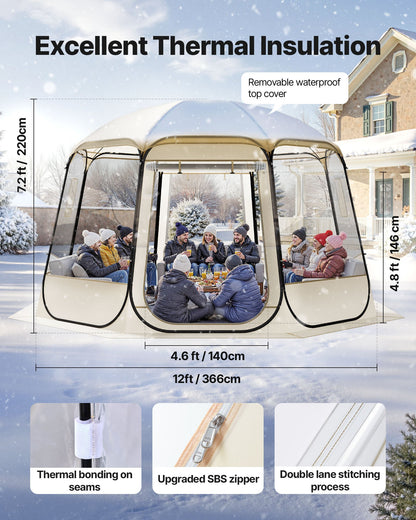 Pop-up bubbeltält, 3,36 x 3,45 m vattentätt och UV-resistent, genomskinligt campingtältskydd, utomhusträdgårdskupoltält med fönster, 540° panoramautsikt, för 10-12 personer uteplats bakgård