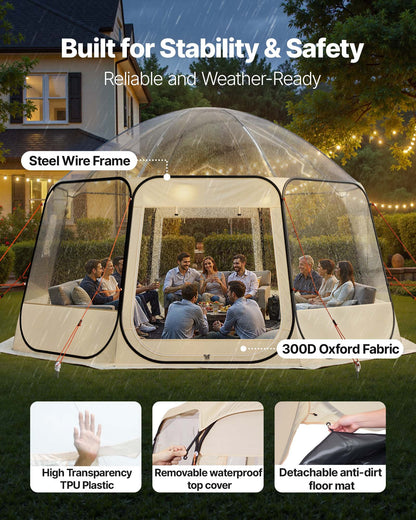 Pop-up bubbeltält, 4,58 x 4,32 m vattentätt och UV-resistent, genomskinligt campingtältskydd, utomhusträdgårdskupoltält med fönster, 540° panoramautsikt, för 12-15 personer uteplats bakgård