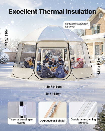 Pop-up bubbeltält, 4,58 x 4,32 m vattentätt och UV-resistent, genomskinligt campingtältskydd, utomhusträdgårdskupoltält med fönster, 540° panoramautsikt, för 12-15 personer uteplats bakgård