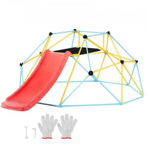 Klätterkupol, 2,4 meter geometrisk kupolklättrare med rutschkana, för barn 3 till 9 år, klättergym stöder 270 kg och är enkel att montera, med klättergrepp, utomhus- och inomhuslekutrustning för barn