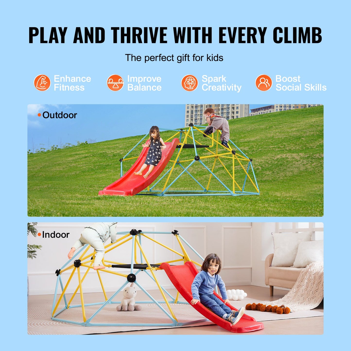 Klätterkupol, 2,4 meter geometrisk kupolklättrare med rutschkana, för barn 3 till 9 år, klättergym stöder 270 kg och är enkel att montera, med klättergrepp, utomhus- och inomhuslekutrustning för barn