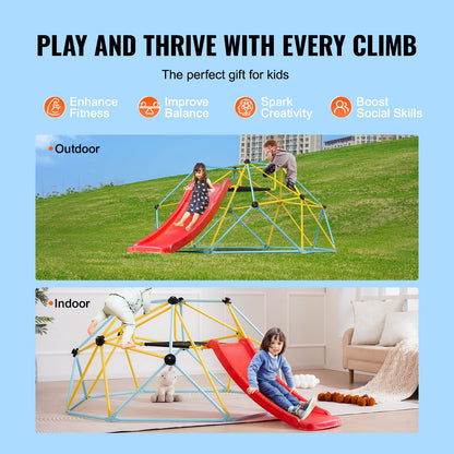 Klätterkupol, 2,4 meter geometrisk kupolklättrare med rutschkana, för barn 3 till 9 år, klättergym stöder 270 kg och är enkel att montera, med klättergrepp, utomhus- och inomhuslekutrustning för barn