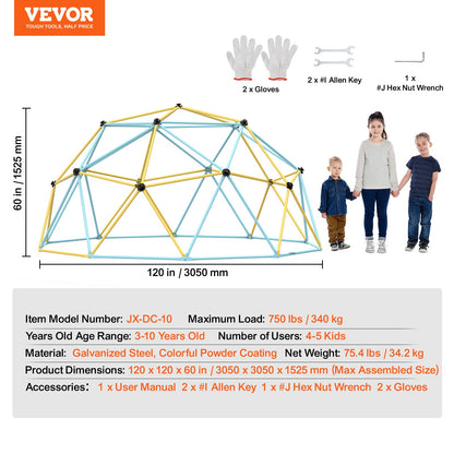 Klätterkupol, 3 meter geometrisk kupolklättrare för barn 3 till 10 år, klättergym stöder 340 kg och är enkel att montera, med klättergrepp, utomhuslekutrustning för barn
