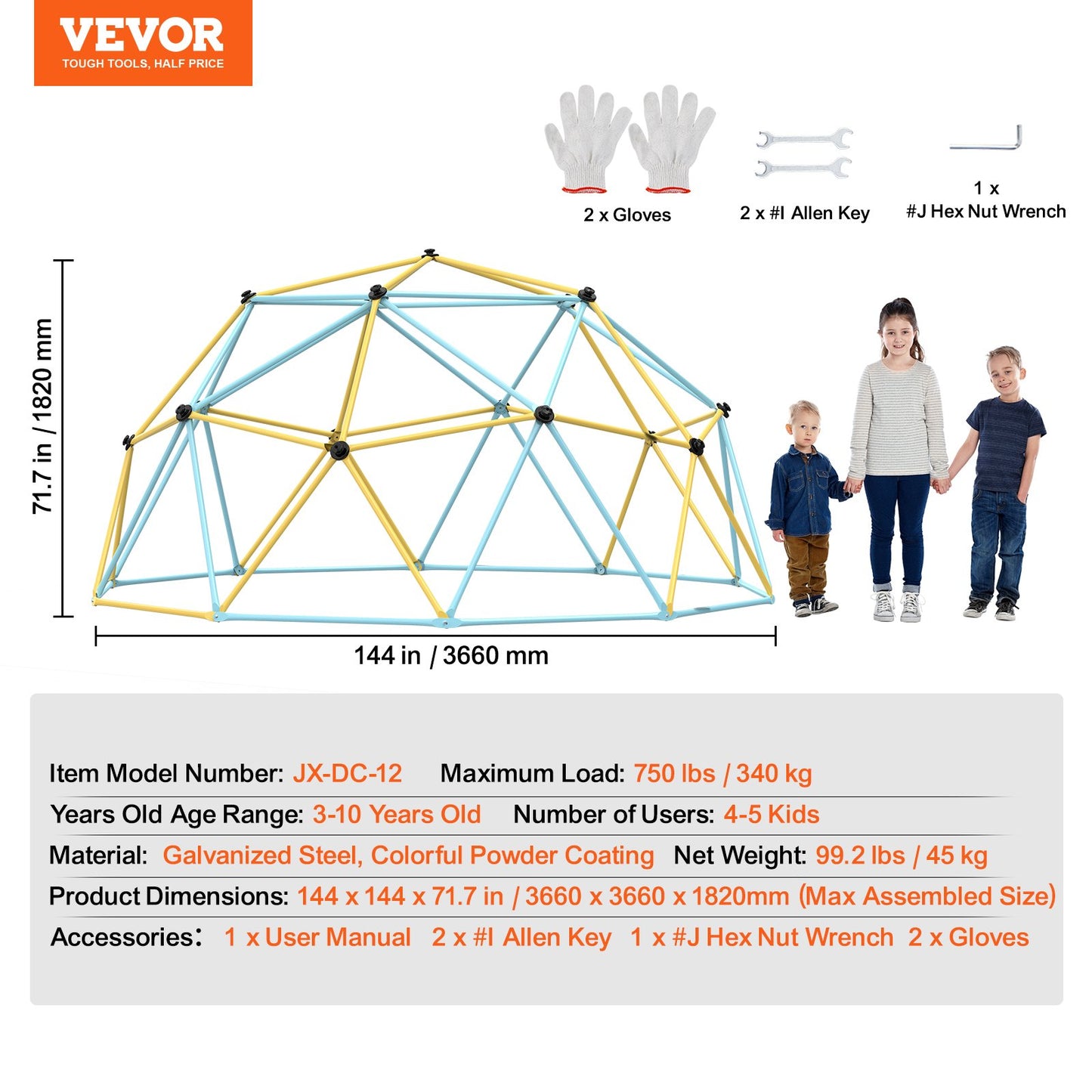 Klätterkupol, 12 fot geometrisk kupolklättrare för barn 3 till 10 år, klättergym stöder 750 kg och enkel montering, med klättergrepp, utomhuslekutrustning för barn