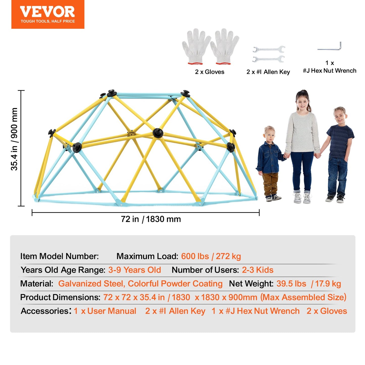 Klätterkupol, 1,8 meter geometrisk kupolklättrare för barn 3 till 9 år, klättergym stöder 270 kg och är enkel att montera, med klättergrepp, utomhus- och inomhuslekutrustning för barn