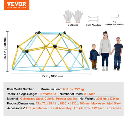 Klätterkupol, 1,8 meter geometrisk kupolklättrare för barn 3 till 9 år, klättergym stöder 270 kg och är enkel att montera, med klättergrepp, utomhus- och inomhuslekutrustning för barn