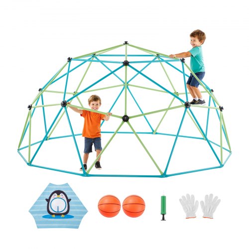 Klätterkupol, 305 cm geometrisk kupolklättrare för barn, 453 kg lastande klätterställning med bläckfisknät och 2 basketbollar, lättmonterade klätterleksaker för utomhusbruk - present till pojkar och flickor