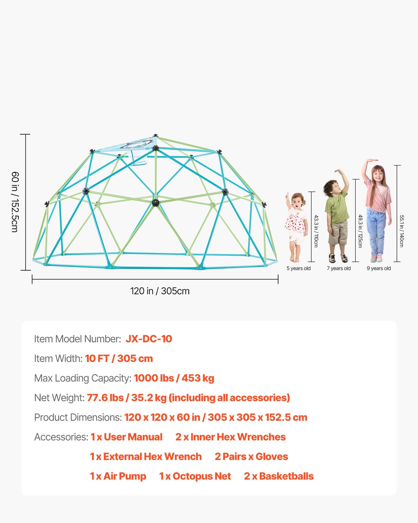 Klätterkupol, 305 cm geometrisk kupolklättrare för barn, 453 kg lastande klätterställning med bläckfisknät och 2 basketbollar, lättmonterade klätterleksaker för utomhusbruk - present till pojkar och flickor