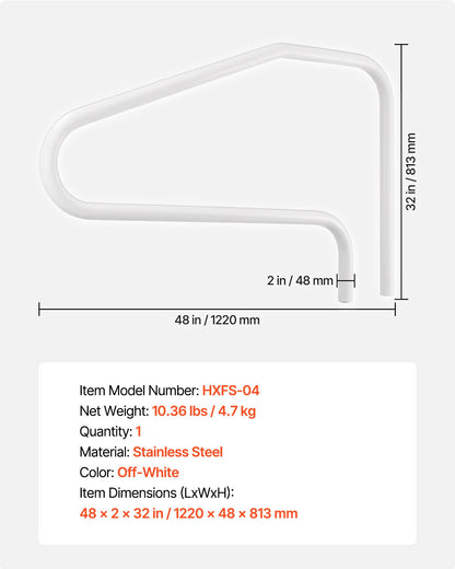 Pool Rail, 122 x 81.3 cm Pool Handrail, 100kg Load Capacity Heavy Duty Stainless Steel Swimming Handrail, Seamless Welding, Recessed or Base Mount, for Poolside, Water Parks, Spa Centers