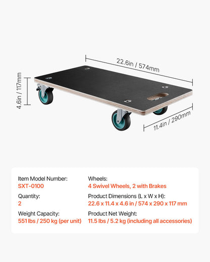 Möbelvagn, 225 kg lastkapacitet, möbeltransportvagnar med 4 tysta TPR-hjul, rektangulär multifunktionell platt vagn för piano, möbler, soffa, tvättmaskin, kylskåp, 2-pack, svart