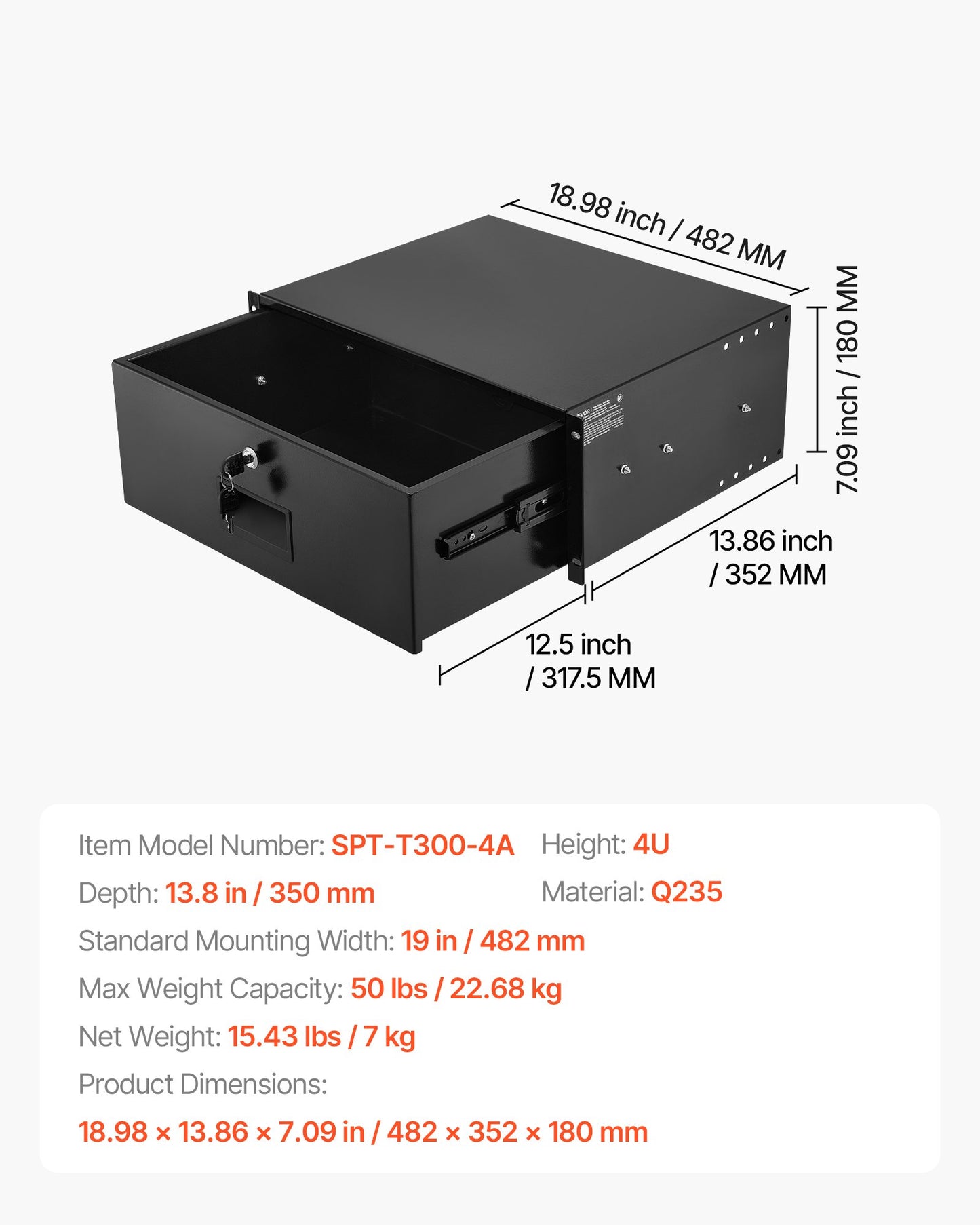 4U rackmonterad låda, 22,68 kg max belastning, låsbart serverskåp, glidande låda med lås och kabelhanteringshål, för nätverksutrustning, server, AV-rack eller skåphölje