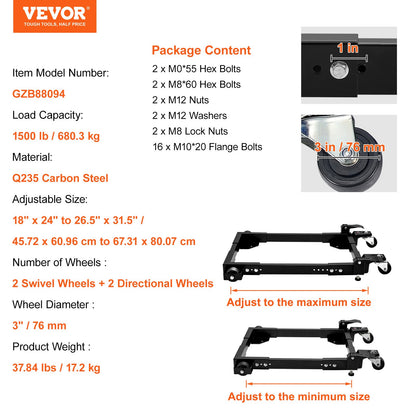 Mobile Base, 1500 lbs Capacity, Adjustable from 18" x 24" to 26.5" x 31.5", Heavy Duty Universal Mobile Base Stand with Swivel Wheels, for Woodworking Equipment, Bandsaw, Power Tools, Machines