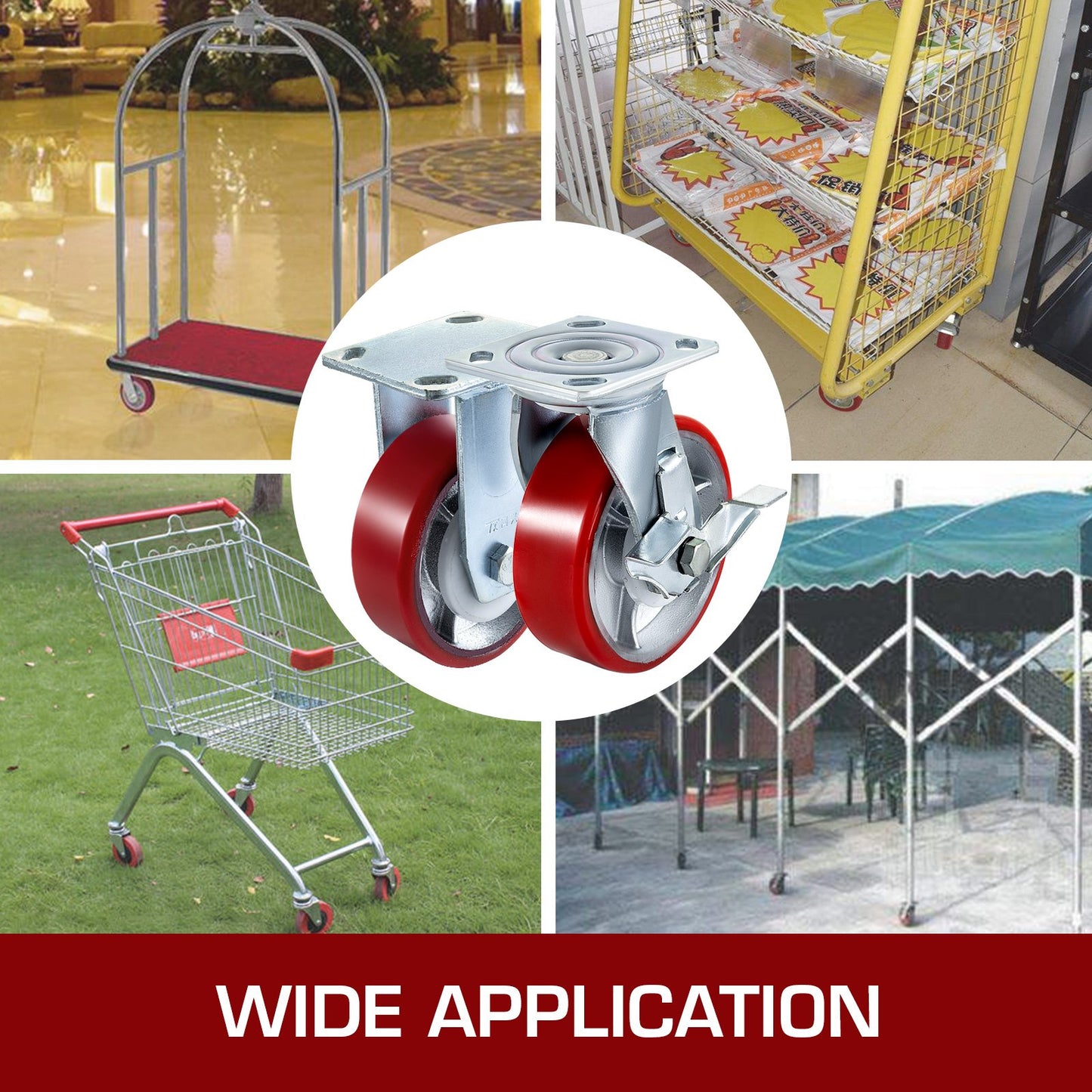 4-pack 15,24 x 5,08 cm länkhjul 2 fasta och 2 vridbara hjul med sidobroms Polyuretanjärnkärnplatta 453,59 kg kapacitet per hjul