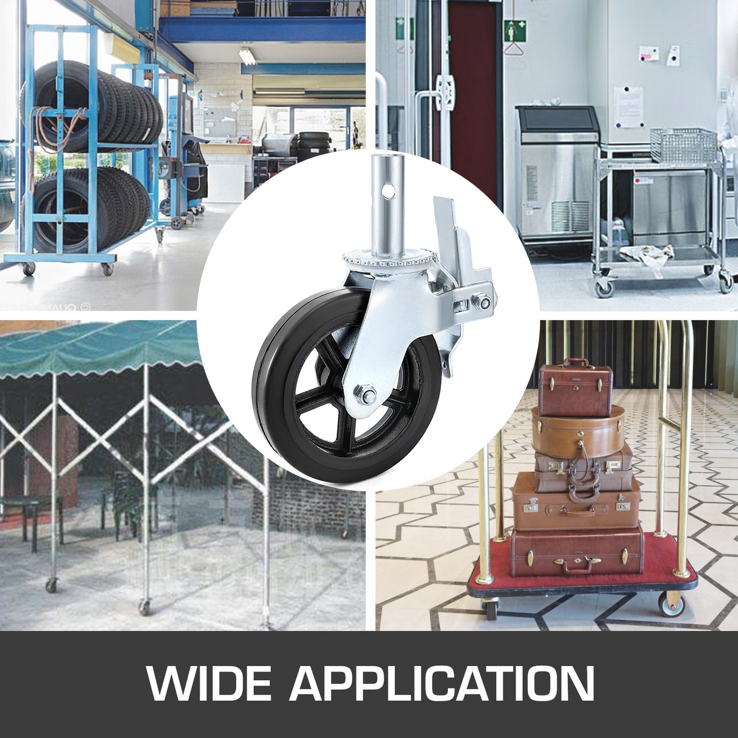4-pack 8-tums polyuretan-svänghjul med järnkärna och dubbel låsbroms, justerbara ben, 1100 kg kapacitet per hjul