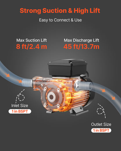 Oljeöverföringspump 230V, 16 GPM 60 L/min, AC elektrisk bränsleöverföringspump för diesel fotogen biodiesel, 8 ft/2,4 m max sughöjd, 45 ft/13,7 m max lyfthöjd, för fordon, byggarbetsplatser, gårdar