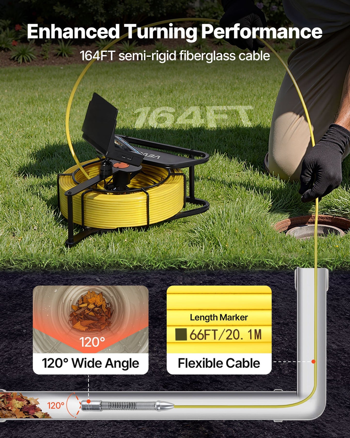 Sewer Camera, 50m, Self-Leveling Drain Inspection Camera with 1080P HD Screen, IP68 Waterproof Snake Plumbing Cameras with Lights - 12 LEDs & 16GB Card for Sewer Line Duct Pipe