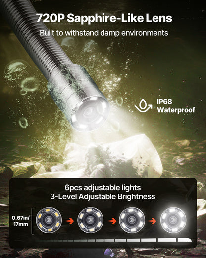 Sewer Camera, 50m Drain Inspection Camera, IP68 Waterproof Snake Plumbing Cameras with Lights - 6 Adjustable LEDs, 4500mAh Battery & 16GB Card for Sewer Line Duct Pipes