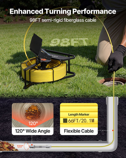 Sewer Camera, 30m Drain Inspection Camera, IP68 Waterproof Snake Plumbing Cameras with Lights - 6 Adjustable LEDs, 4500mAh Battery & 16GB Card for Sewer Line Duct Pipes