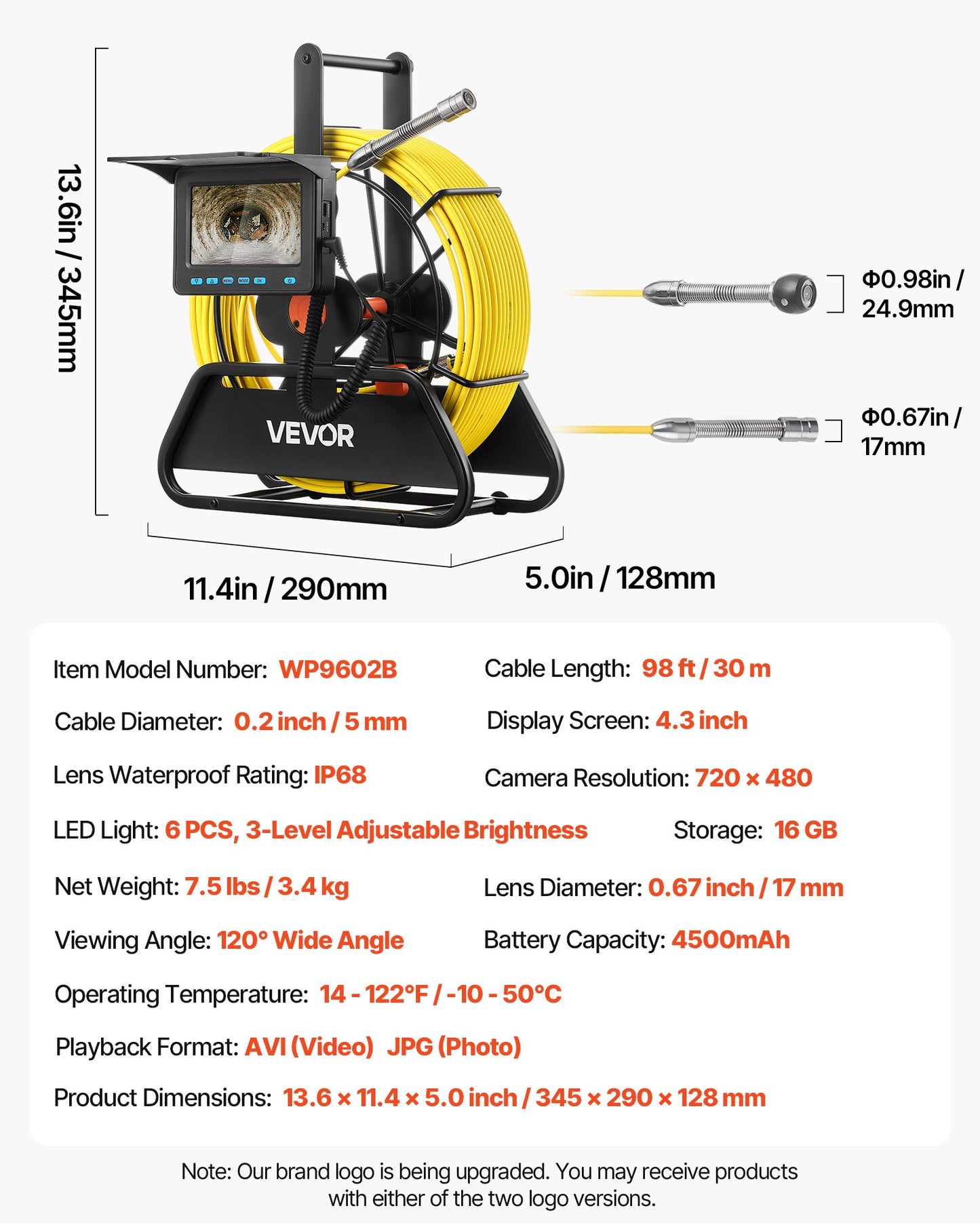 Sewer Camera, 30m Drain Inspection Camera, IP68 Waterproof Snake Plumbing Cameras with Lights - 6 Adjustable LEDs, 4500mAh Battery & 16GB Card for Sewer Line Duct Pipes